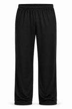 Load image into Gallery viewer, Black athletic sweatpants with an elastic waistband, shown against a plain white background.
