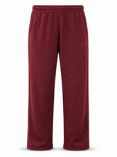 Load image into Gallery viewer, A pair of heathered burgundy fleece pants with an elastic waistband and a small red embroidered logo on the left hip, shown against a plain white background.
