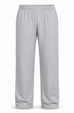 Load image into Gallery viewer, Light gray heather fleece lounge pants with an elastic waistband and side pockets, shown on a plain white background.

