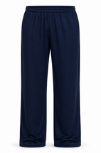 Load image into Gallery viewer, A pair of navy blue athletic pants with an elastic waistband and side pockets, shown against a plain white background.
