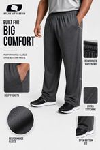 Load image into Gallery viewer, A person modeling dark gray performance fleece open bottom pants from Pulse Athletics, shown against a light gray background with feature callouts and inset detail photos of the fabric, waistband, pockets, stitching, and fit.
