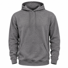 Load image into Gallery viewer, A classic heather gray pullover hoodie with a front kangaroo pocket and matching drawstrings, shown on a plain white background.
