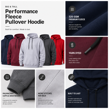 Load image into Gallery viewer, Promotional graphic for a performance fleece pullover hoodie, showing multiple color options (navy, burgundy, light gray, black, and red) alongside close-up fabric detail panels highlighting 320 GSM premium fleece, yarn-dyed color, and durable construction.
