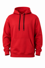 Load image into Gallery viewer, A bright red pullover hoodie with black drawstrings, displayed on a clean white background.
