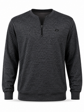 Load image into Gallery viewer, A dark heather gray quarter-zip sweatshirt with a small black logo on the left chest, displayed on a clean white background.
