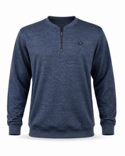 Load image into Gallery viewer, A men's heathered navy blue quarter-zip sweatshirt with a small embroidered logo on the left chest, displayed on a clean white background.
