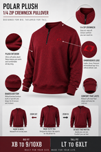 Load image into Gallery viewer, A promotional infographic for a maroon red quarter-zip crewneck pullover hoodie, titled 'POLAR PLUSH'. The graphic features a central product image, four circular detail callouts showing the plush interior, ribbed bottom, and embroidered logo, and three fit guides for Big Fit, Zoom Out, and Tall Fit.
