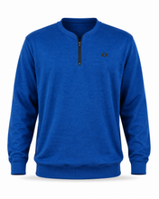 Load image into Gallery viewer, A royal blue heathered quarter-zip sweatshirt with a small embroidered logo on the left chest, displayed on a clean white background.
