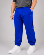 Load image into Gallery viewer, A person wearing bright royal blue jogger sweatpants with elastic cuffs, a gray shirt, and white sneakers, photographed against a light gray studio background.
