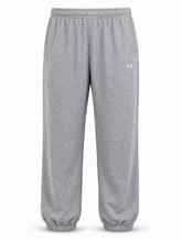 Load image into Gallery viewer, A pair of heather gray sweatpants with an elastic waistband and cuffs, featuring a small white embroidered logo on the left hip, shown against a plain white background.
