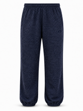 Load image into Gallery viewer, A pair of dark navy blue heathered sweatpants with an elastic waistband and elastic cuffs, shown against a plain white background.
