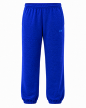Load image into Gallery viewer, A pair of royal blue fleece sweatpants with an elastic waistband and cuffed ankles, featuring a small tonal blue logo on the left hip.
