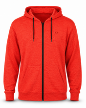 Load image into Gallery viewer, A bright red heather zip-up hoodie with black drawstrings and a black front zipper, shown on a plain white background.
