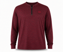 Load image into Gallery viewer, A men's long-sleeve quarter-zip pullover in heathered burgundy red, featuring a small red embroidered logo on the left chest and a black zipper at the collar, shown against a plain white background.
