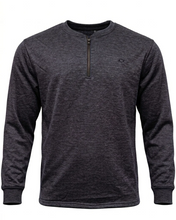 Load image into Gallery viewer, A dark heather gray long-sleeve quarter-zip pullover shirt with a small embroidered logo on the left chest, displayed on a clean white background.
