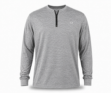 Load image into Gallery viewer, A heather gray long-sleeve quarter-zip pullover shirt with a black zipper and a small white circular logo on the left chest, displayed on a clean white background.
