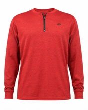 Load image into Gallery viewer, A red long-sleeve quarter-zip pullover shirt with a small black embroidered logo on the left chest, displayed on a clean white background.
