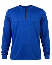 Load image into Gallery viewer, A royal blue long-sleeve quarter-zip pullover shirt with a small tonal embroidered logo on the left chest, displayed on a clean white background.
