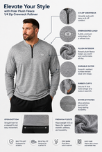 Load image into Gallery viewer, A promotional infographic for a men's gray quarter-zip fleece jacket, featuring a male model wearing the jacket on the left and multiple circular detail callouts on the right highlighting features like the zip creneck, plush interior, ribbed cuffs, and embroidered logo. The layout includes text describing product features and care instructions on a white background.
