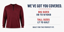 Load image into Gallery viewer, A maroon heathered quarter-zip long-sleeve shirt shown on a white background next to promotional text stating coverage for big sizes XB to 9/10XB and tall sizes LT to 6XLT.

