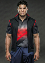 Load image into Gallery viewer, Man wearing a black and red sports outfit on a dark background
