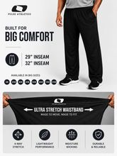 Load image into Gallery viewer, Black athletic sweatpants shown on a model, with a large inset demonstrating the ultra stretch waistband. The image includes text highlighting 29" and 32" inseam availability and features like 4-way stretch and lightweight performance.
