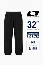 Load image into Gallery viewer, Black fleece sweatpants shown on a white background with Pulse Athletics branding and sizing text indicating 32 inch inseam length, available in all big sizes from 1X to 9/10X.
