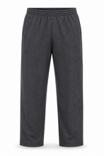Load image into Gallery viewer, Dark gray heathered sweatpants with an elastic waistband, shown against a plain white background.
