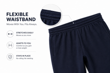 Load image into Gallery viewer, Navy blue athletic sweatpants with a close-up inset of the elastic waistband and marketing text highlighting stretch, adaptability, and staying in place.
