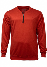 Load image into Gallery viewer, Red long-sleeve shirt with a quarter zip on a white background
