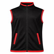 Load image into Gallery viewer, Black sleeveless jacket with red accents on a white background
